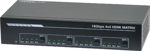 This 4x4 HDMI 2.0 18Gbps Matrix Switcher can switch any of these 4 HDMI 2.0 Sources to four HDMI 2.0 Displays.