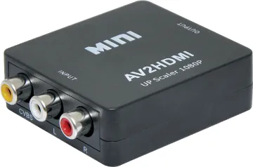Composite AV To HDMI Upscale Converter This handy box provides a way to connect older AV devices (such as retro gaming consoles, VCRs & camcorders)  to HDMI inputs and upscales the signal to 1080p @ 60Hz. 720p/1080p selectable.  USB powered.