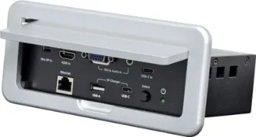 4 Port Multi AV to HDMI 4K Conference Table Switch Ideal for use in educational or boardroom environments, this handy converter table box provides connection for AV devices with VGA/3.5mm audio, USB-C, Mini DisplayPort and HDMI connections and outputs to a HDMI equipped projector or display.