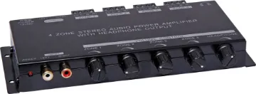 4 Zone 30W Stereo Amplifier Excellent for multi-room audio distribution, this 12V powered four zone amplifier produces 30W RMS per zone (15W RMS per channel) - all from a case just 200mm across! One input source may be connected on the front panel via stereo RCA sockets.