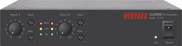 2 x 240W Public Address (PA) Zone Amplifier This 2 x 240W PA zone amplifier developed by Redback, allows installers to mix and match amplifiers within a 1RU 19” rack space.