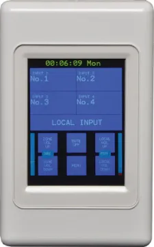 Touchscreen Source Switching Wallplate suits A 4432 A touchscreen control wallplate to suit the A 4432 Redback mixer. Allows quick and easy source selection, muting, level control for programming, plus local input level control (when used with A 4931/ A 4932).