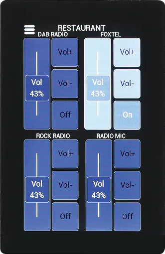 This 4.3" touchscreen control wall plate allows for remote source selection and level control in Redback source control systems (currently compatible with A4450, A4460 and A4650 systems).
