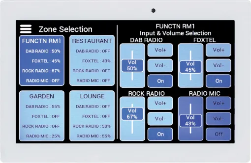 These 7" touchscreen control wall plates allow for remote source selection and level control in Redback source control systems (currently compatible with A4450, A4460 and A4650 systems).