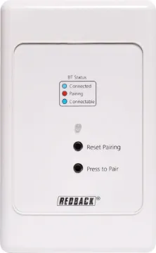 BT 5.0 Wireless Audio Receiver Wallplate This commercial grade BT 5.0 receiver offers the ability to interface Bluetooth audio devices into public address systems. Balanced audio is relayed back to a Redback solutions receiver.