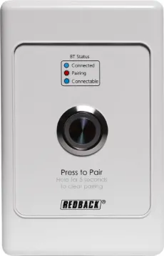 Remote BT Wireless Pairing Wallplate for A4515/20 A handy remote pairing plate to suit the Redback A4515/20 BT 5.0 receiver units. Connection is via any standard 4 core cabling back to the main receiver unit. This allows users to remote activate the pairing mode on the Redback A4515/20. Switch is fitted to a standard size Australian single gang electrical wallplate.