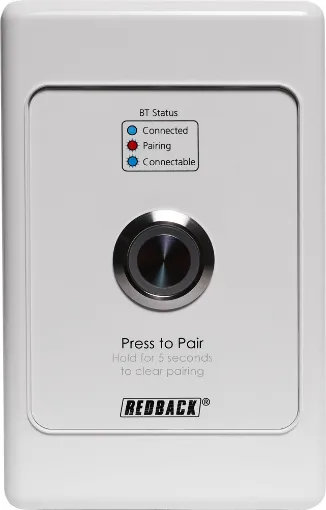 A handy remote pairing plate to suit the Redback A4515/20 BT 5.0 receiver units. Connection is via any standard 4 core cabling back to the main receiver unit. This allows users to remote activate the pairing mode on the Redback A4515/20. Switch is fitted to a standard size Australian single gang electrical wallplate.