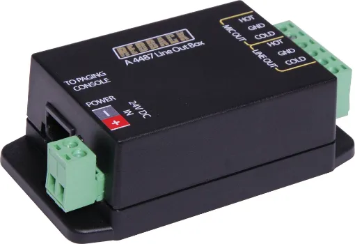 Provides a microphone or line level output which can be connected directly to the input of an amplifier. Connection between the A 4660 paging console and this unit is via a Cat5e cable which carries power and the balanced audio output from the microphone. 