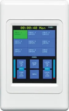 Touchscreen Source Switching Wall Plate to suit A4480B The A4495 wall plate allows remote selection of the A4480B zone input audio source and volume level (1 plate required per zone).