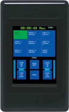 Touchscreen Source Switching Black Wall Plate to suit A4480B The A4496 wall plate allows remote selection of the A4480B zone input audio source and volume level (1 plate required per zone).