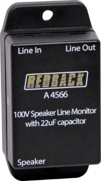 In-Line 22uF Speaker line Isolator Box A simple in-line connection box fitted with a line monitoring capacitor. Since many 100V speakers do not have 22μF capacitors fitted, this box allows you to easily add it into the circuit for connection to a line monitoring system.