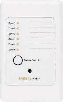 6 Zone Universal Remote Alarm Wallplate Designed to operate on 12 to 30VDC. This six input wall plate will sound a buzzer and
illuminate a specific LED when an input is activated/triggered by a closing contact. A
Cancel button allows the buzzer to be switched off whilst the LED indicator rema