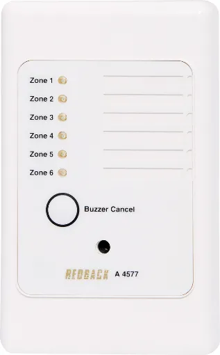 Designed to operate on 12 to 30VDC. This six input wall plate will sound a buzzer and
illuminate a specific LED when an input is activated/triggered by a closing contact. A
Cancel button allows the buzzer to be switched off whilst the LED indicator rema
