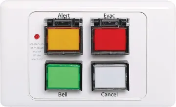 Remote Alert Evac Bell UTP Wallplate to suit A4565A & A4500B Allows the A4565A & A4500B alert/evac units to be activated remotely. Featuring alert, evacuation and cancel buttons with protective "flip up" covers to prevent accidental operation.