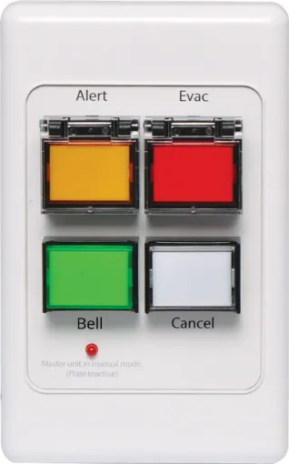 The A4581V wall plate allows remote triggering of the Alert, Evacuation and Bell tones and the cancel function of the A4565A Alert/Evacuation Controller. 