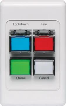 Lockdown/Chime/Fire/Cancel Remote Vertical Wallplate Redback WallPlate allows the A 4505 Lockdown Timer to be controlled remotely. Featuring Lockdown, Fire, Chime and Cancel buttons, the plate can be located up to 100m away from the main unit.