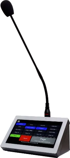 This paging console is designed to provide general paging to zones when connected to the Redback A 4450, A 4460 or A 4650 systems. It provides a visual indication of the status of all audio sources and zones within the system at a glance, sharing a common screen with the master wallplates available for use with these systems. 