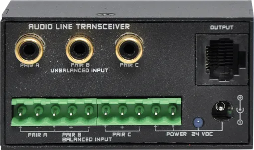 This audio distribution system uses affordable UTP cabling to send up to three balanced inputs (terminal block) or mono RCA signals over long distances. 