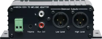 100V Line to Low Level Adapter This small adaptor receives a 100V signal from one amplifier and reduces the level down to either balanced mic level or auxiliary level to feed into the input of a second amplifier.