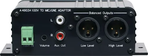 This small adaptor receives a 100V signal from one amplifier and reduces the level down to either balanced mic level or auxiliary level to feed into the input of a second amplifier.