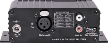 1 In to 2 Out Audio Splitter This compact signal splitter is provided with two input sockets. The 3 pin XLR can be configured for either 3mV or 1V sensitivity, whilst the RCA auxiliary input can be set for either 100mV or 1V sensitivity.