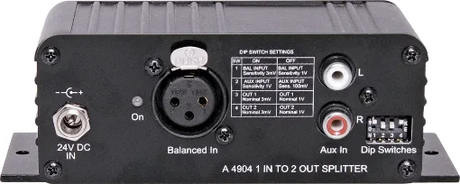 This compact signal splitter is provided with two input sockets. The 3 pin XLR can be configured for either 3mV or 1V sensitivity, whilst the RCA auxiliary input can be set for either 100mV or 1V sensitivity. 