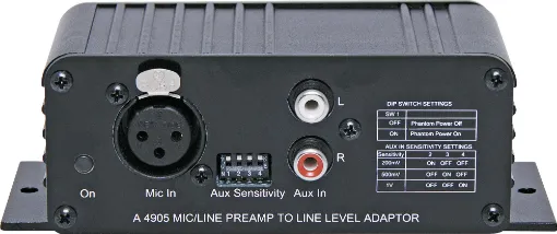 This line pre-amp will accept either a microphone or auxiliary input and convert it to a balanced high level signal suitable for distribution up to 500M without interference with up to 3V of output level available. Volume controls are provided for both inputs plus a master volume control. The microphone is a balanced XLR input whilst the auxiliary 