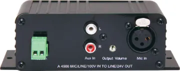 Mic/Line/100V Input to Line +24V Switched Output The A 4906 is a versatile unit which accepts either a line level signal, balanced microphone signal or 100V input signal.
The output signal is a line level signal suitable for feeding into an amplifier.