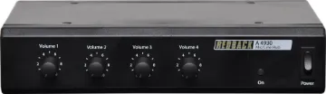 Four Output Microphone/Line Hub This Microphone/Line Hub is designed to accept audio from up to four A 4931 Mic/Line Preamp wallplates. The Hub has a dedicated output for each wall plate, with front mounted volume controls for each output.