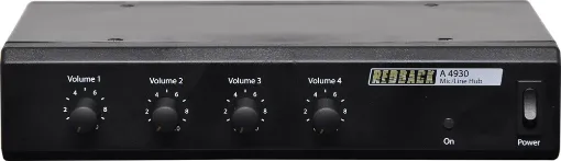 This Microphone/Line Hub is designed to accept audio from up to four A 4931 Mic/Line Preamp wallplates. The Hub has a dedicated output for each wall plate, with front mounted volume controls for each output. 