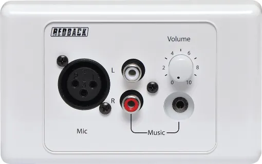 This mic/line pre-amp wallplate accepts either a microphone or line input and converts the signal to a balanced high level output. The 3V output signal is carried via Cat5e cable, (suitable for distribution up to 300m without interference) back to the A 4930 Hub.