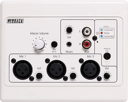 These local zone input wallplates allow for multiple mic/line inputs to be sent over UTP cabling back to a single UTP receiver for connection to a zone amplifier. This model also features bluetooth audio streaming for local zone playback of music.