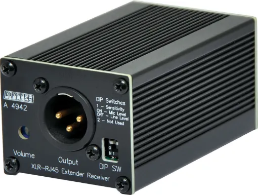 The Redback® A 4942 receives audio from compatible Redback® Cat5e/6 transmitters and converts the signal to a balanced XLR output. The output level is DIP switch selectable, and the ouput volume is screwdriver adjusted via the trimpot on the front of the unit.