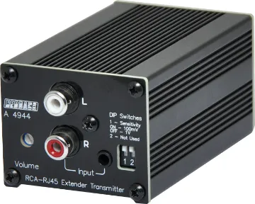 RCA to Cat5 Extender (Transmitter) The Redback® A 4944 provides a convenient way to send line level RCA audio signals over long distances via Cat5/6 cabling. The unit has DIP switch selectable input sensitivities of 100mV and 1V to handle inputs of varying levels.