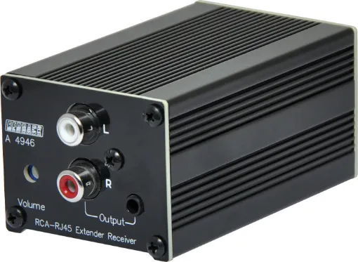 The Redback A 4946 receives audio from compatible Redback Cat5e/6 transmitters, converts the signal to line level and outputs to RCA and 3.5mm connectors. 