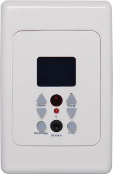 Audio Distribution System Remote Control Panel 	 Indicators:Receive / transmit LED, Switched outputs (x3 LED)
Controls: Volume up/down, source up/down
Audio input: 3.5mm stereo jack