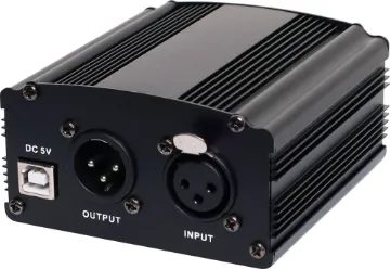 Desktop Phantom Power Supply A compact single channel phantom power supply with 3 pin XLR female balanced input and 3 pin XLR male balanced 48V output. 
Includes power supply. 
Size: 88W x 47H x 92Dmm
