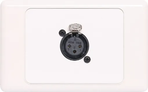 3pin XLR microphone connector mounted horizontally on a dual face wall plate. &quotOne-Shot&quot version with screw terminal connections for quick and easy connection on site.