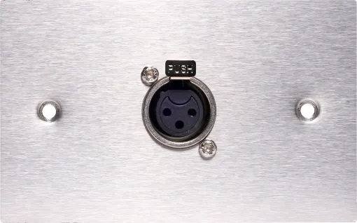 3 pin XLR microphone connector mounted horizontally on a brushed stainless steel wall plate. “One-Shot” version with screw terminal connections for quick and easy connection on site. 