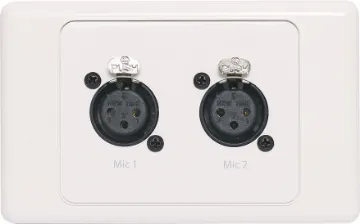 Dual 3 Pin XLR Horizontal Microphone Wallplate Dual 3pin XLR microphone connectors mounted horizontally on a dual face wall plate. "One-Shot" version with screw terminal connections for quick and easy connection on site.