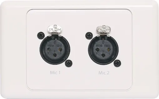 Dual 3pin XLR microphone connectors mounted horizontally on a dual face wall plate. &quotOne-Shot&quot version with screw terminal connections for quick and easy connection on site.