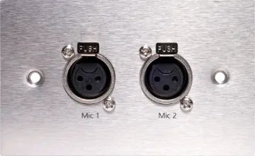 Dual 3 pin XLR Stainless Steel Microphone Wallplate Dual 3 pin XLR microphone connectors mounted horizontally on a brushed stainless steel wall plate. “One-Shot” version with screw terminal connections for quick and easy connection on site.