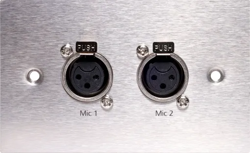 Dual 3 pin XLR microphone connectors mounted horizontally on a brushed stainless steel wall plate. “One-Shot” version with screw terminal connections for quick and easy connection on site. 