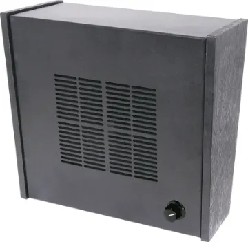 5W 100V 8" (200mm) Wall Box Speaker with Volume Control Wall mount speaker with wood "look" endcaps and a sturdy steel grille.
It is fitted with a high performance 8" twin cone speaker. Complete with a 100V line multitapped transformer and volume control.