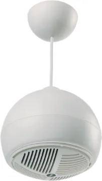 15W 100V Line White Ball Pendant Ceiling Speaker Designed for use where traditional ceiling mounted speakers are difficult or impractical to install.  Used in such areas as very high raked, suspended, concrete, or exposed ceilings. Installation requires a single fixing with connection concealed within t