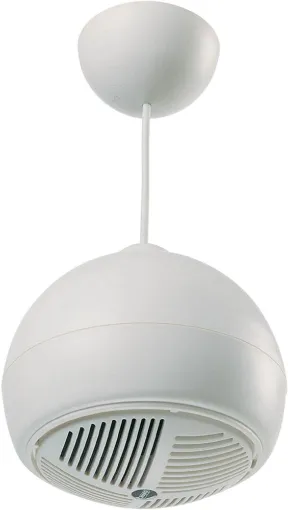 Designed for use where traditional ceiling mounted speakers are difficult or impractical to install.  Used in such areas as very high raked, suspended, concrete, or exposed ceilings. Installation requires a single fixing with connection concealed within t