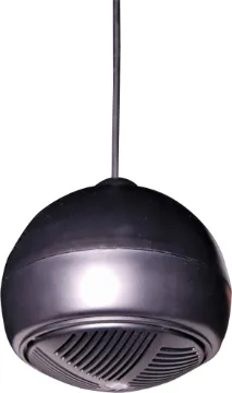 100V Line 15W Black Ball Pendant Ceiling Speaker Designed for use where traditional ceiling mounted speakers are difficult or impractical to install.  Used in such areas as very high raked, suspended, concrete, or exposed ceilings. Installation requires a single fixing with connection concealed within t