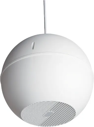 Designed for use where traditional ceiling mounted speakers are difficult or impractical to install. Used in such areas as very high raked, suspended, concrete, or exposed ceilings. 