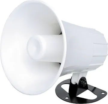 15W 8 Ohm Weather Proof IP54 Plastic PA Horn Speaker PA horn speaker suitable  for general public address, CB extension speakers, boats and alarms etc. White PVC construction. Swivel bracket included. Flare dimensions: 135mm.