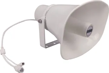 Merlaud 30W IP Network PA Horn Speaker A durable weather resistant horn speaker designed for use in conjunction with the Merlaud IP communicator PA system. It features an in-built amplifier and can be powered by 12-24V DC power supply or PoE as required.  The sturdy mounting bracket is u shaped and secured with stainless steel hardware.